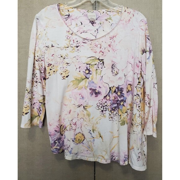 Chico's Cotton Blend Floral Print 3/4 Sleeve Scoop Neck Angled Hem T-Shirt 2 LGE - Picture 1 of 7